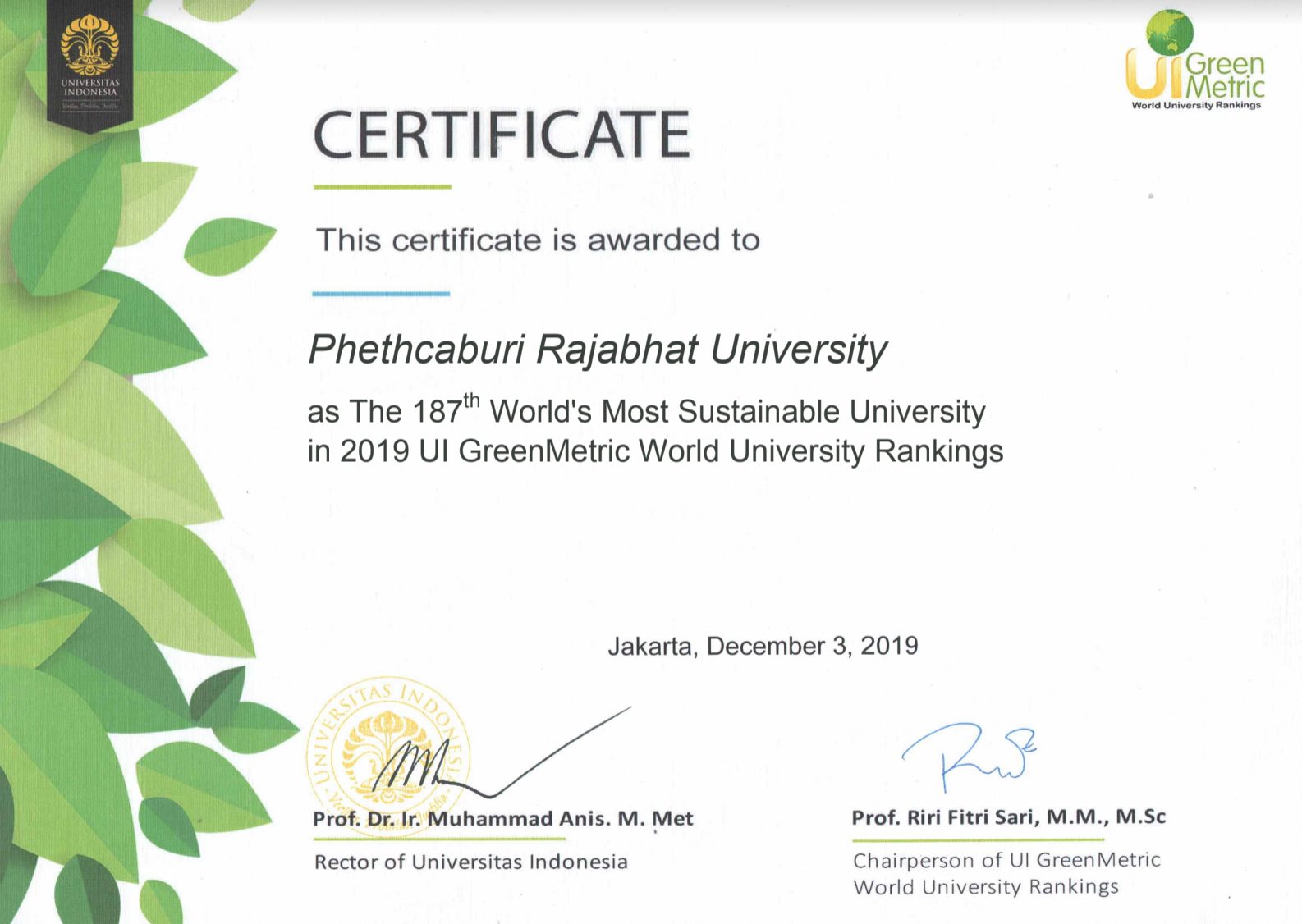 р╕бр╕лр╕▓р╕зр╕┤р╕Чр╕вр╕▓р╕ер╕▒р╕вр╕гр╕▓р╕Кр╕ар╕▒р╕Пр╣Ар╕Юр╕Кр╕гр╕Ър╕╕р╕гр╕╡ р╣Др╕Фр╣Йр╕гр╕▒р╕Ър╕Бр╕▓р╕гр╕Ир╕▒р╕Фр╕нр╕▒р╕Щр╕Фр╕▒р╕Ър╕бр╕лр╕▓р╕зр╕┤р╕Чр╕вр╕▓р╕ер╕▒р╕вр╕кр╕╡р╣Ар╕Вр╕╡р╕вр╕зр╣Вр╕ер╕Б р╕Ыр╕╡ 2019 (UI Green Metric World University Rankings 2019)