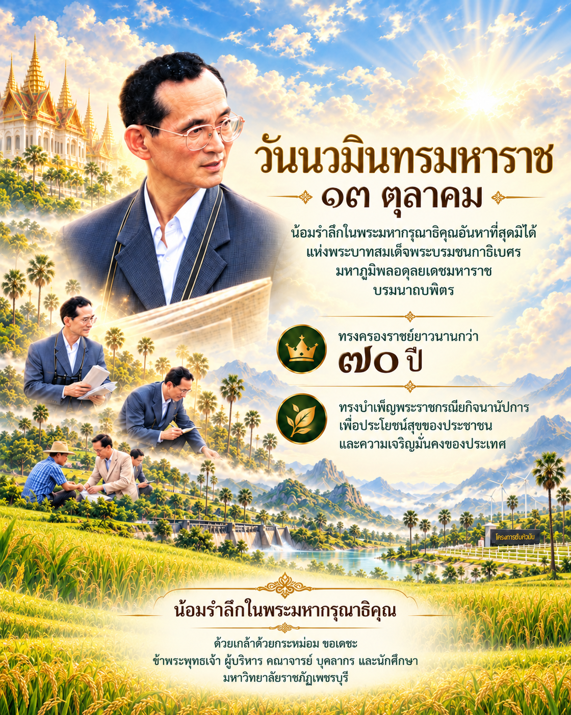 วันนวมินทรมหาราช ๑๓ ตุลาคม น้อมรำลึกในพระมหากรุณาธิคุณอันหาที่สุดมิได้ แห่งพระบาทสมเด็จพระบรมชนกาธิเบศร มหาภูมิพลอดุลยเดชมหาราช บรมนาถบพิตร ด้วยเกล้าด้วยกระหม่อม ข้าพระพุทธเจ้า ผู้บริหาร คณาจารย์ บุคลากร และนักศึกษา มหาวิทยาลัยราชภัฏเพชรบุรี
