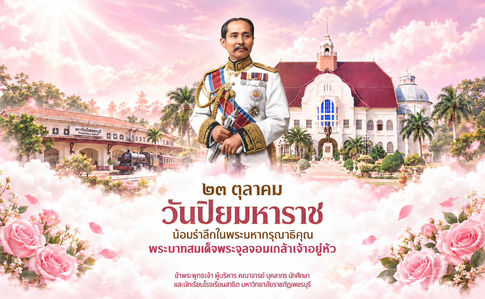 23 ตุลาคม วันปิยมหาราช น้อมรำลึกในพระมหากรุณาธิคุณ พระบาทสมเด็จพระจุลจอมเกล้าเจ้าอยู่หัว ข้าพระพุทธเจ้า ผู้บริหาร คณาจารย์ บุคลากร นักศึกษา และนักเรียนโรงเรียนสาธิต มหาวิทยาลัยราชภัฏเพชรบุรี